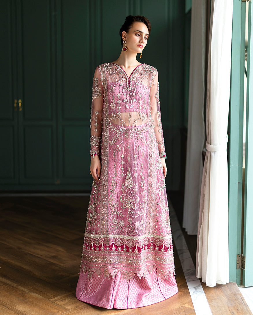 Women Wearing Sabine Light Pink Front Open Long Shirt with Sharara for Wedding Events - Pakistani Designer Wear for Women in UK | Kifat