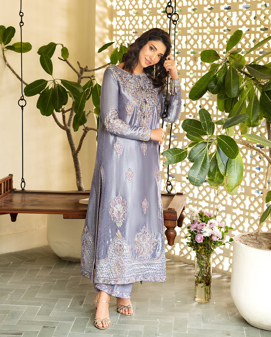 Women Wearing Samiya Lavender Long Shirt for Formal Events - Pakistani Designer Wear for Women in UK | Kifat