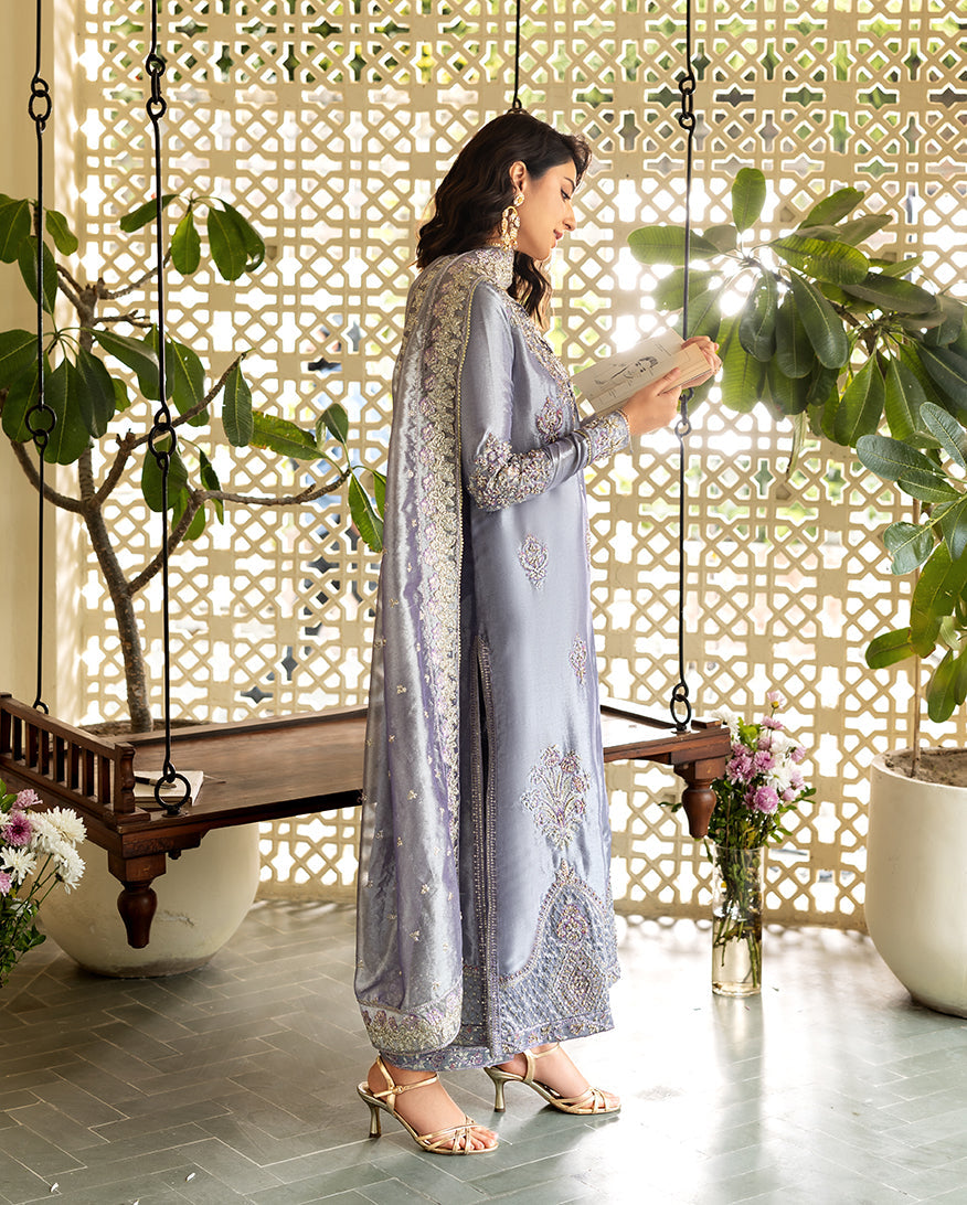 Women Wearing Samiya Lavender Long Shirt for Formal Events - Pakistani Designer Wear for Women in UK | Kifat