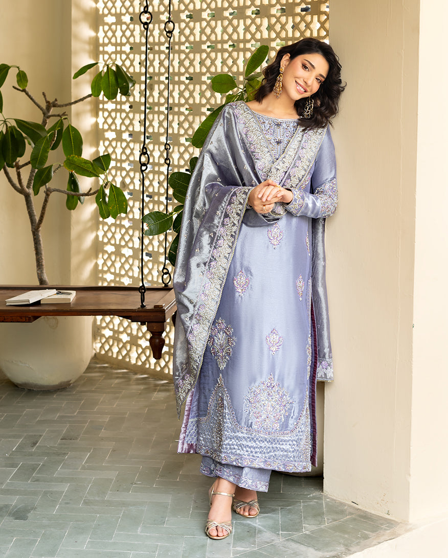 Women Wearing Samiya Lavender Long Shirt for Formal Events - Pakistani Designer Wear for Women in UK | Kifat