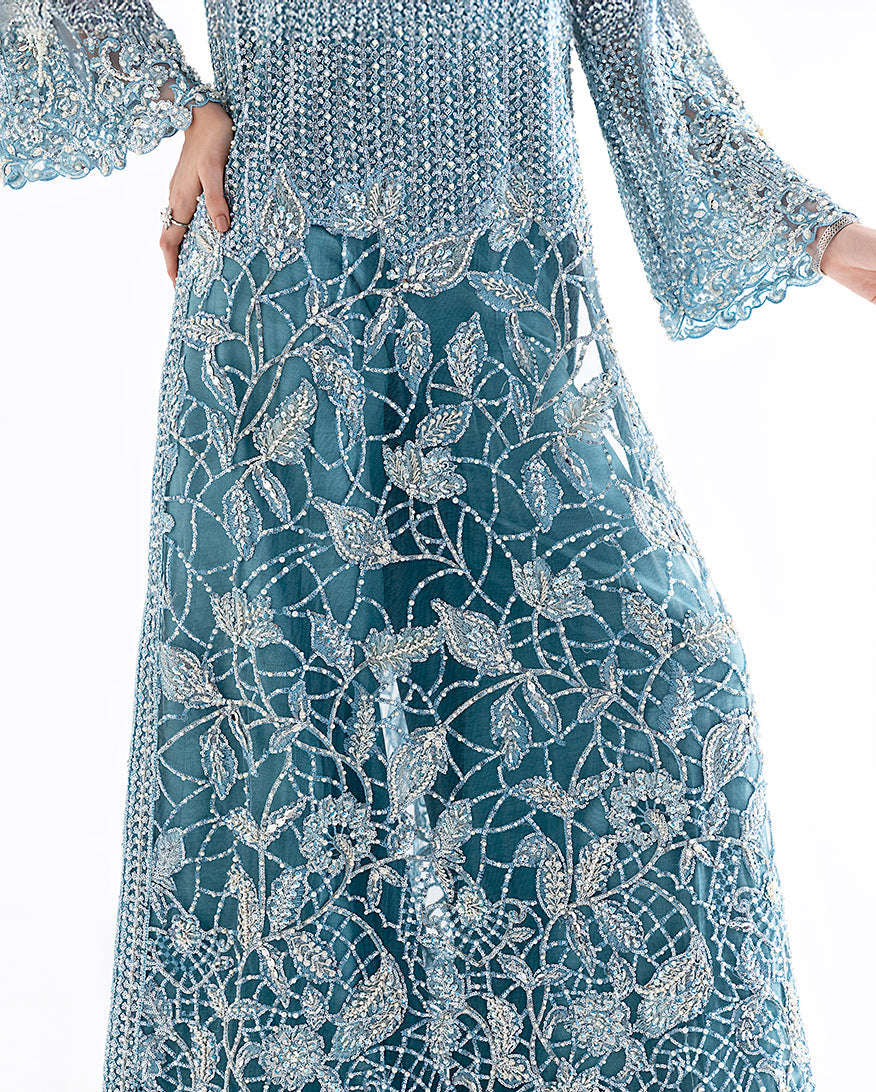 Women Wearing Serafina Teal Blue Long Shirt for Festive Events - Pakistani Designer Wear for Women in UK | Kifat