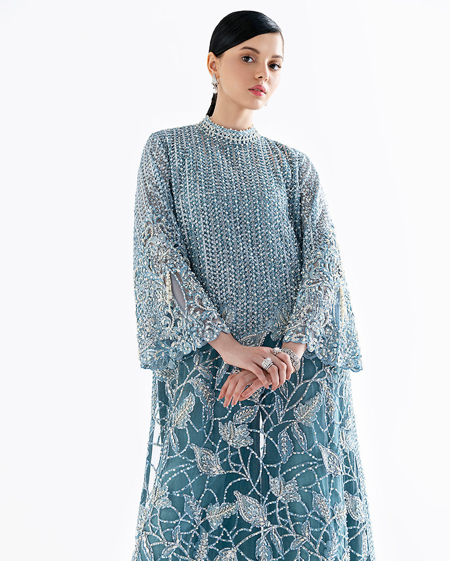 Women Wearing Serafina Teal Blue Long Shirt for Festive Events - Pakistani Designer Wear for Women in UK | Kifat