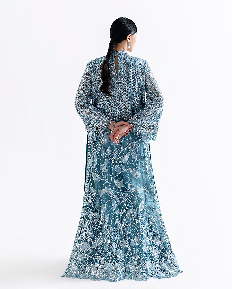Women Wearing Serafina Teal Blue Long Shirt for Festive Events - Pakistani Designer Wear for Women in UK | Kifat