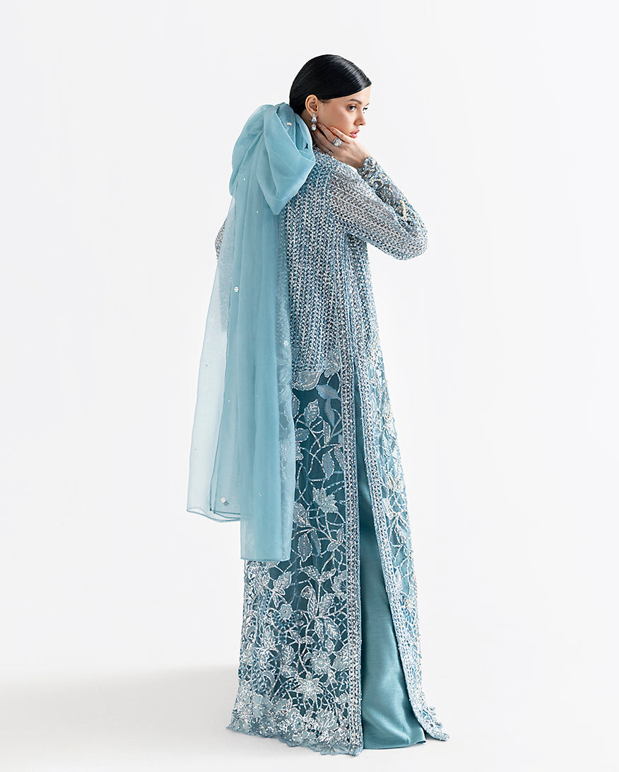 Women Wearing Serafina Teal Blue Long Shirt for Festive Events - Pakistani Designer Wear for Women in UK | Kifat