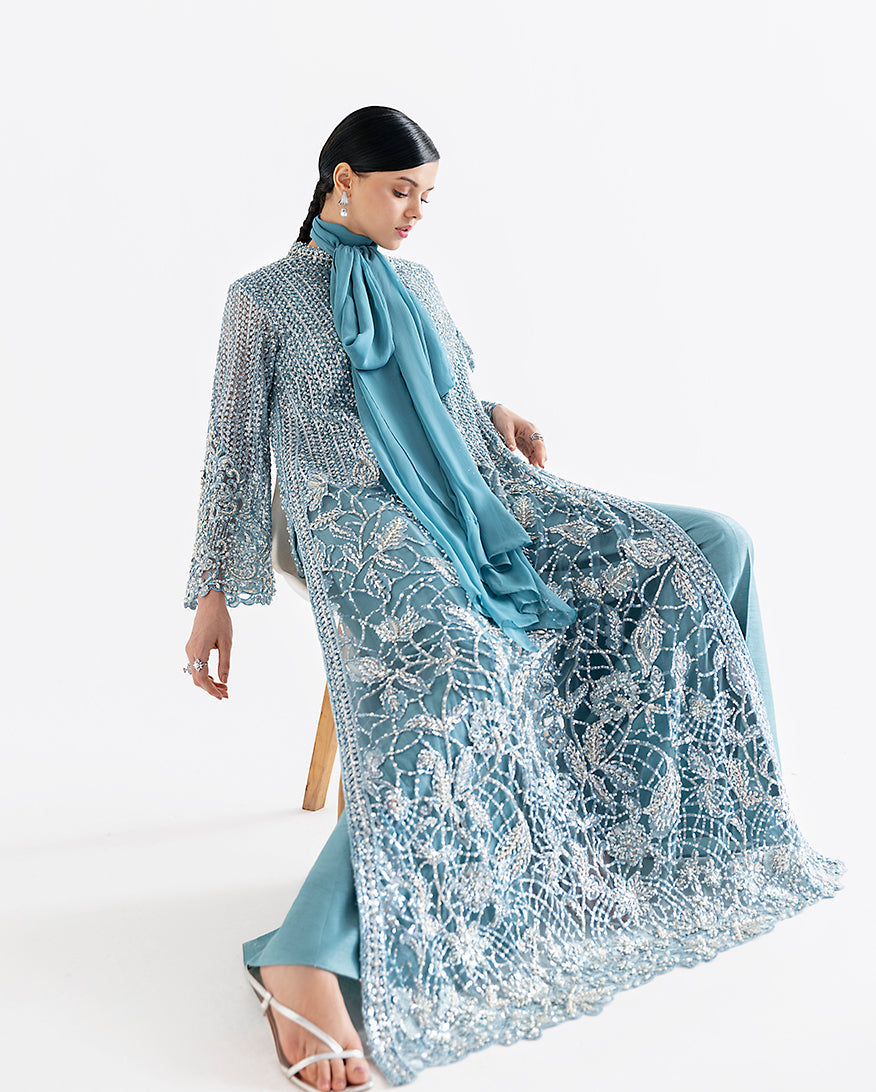 Women Wearing Serafina Teal Blue Long Shirt for Festive Events - Pakistani Designer Wear for Women in UK | Kifat