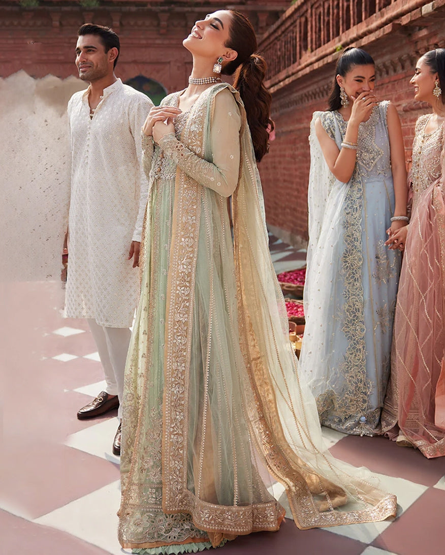 Women Wearing Shahana Mint Green Front Open Shirt with Sharara for Wedding Events - Pakistani Designer Wear for Women in UK | Kifat