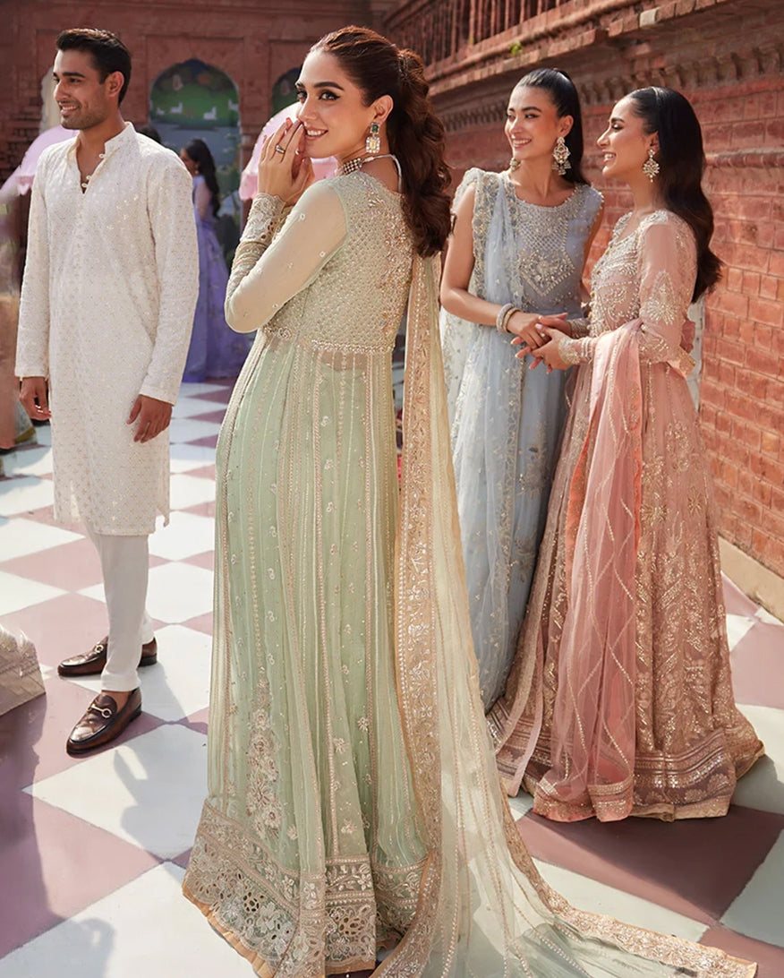 Women Wearing Shahana Mint Green Front Open Shirt with Sharara for Wedding Events - Pakistani Designer Wear for Women in UK | Kifat