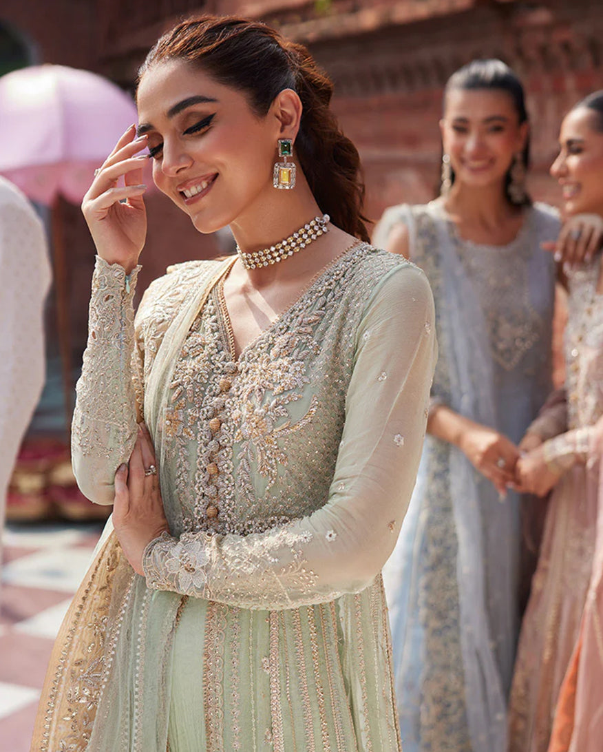 Women Wearing Shahana Mint Green Front Open Shirt with Sharara for Wedding Events - Pakistani Designer Wear for Women in UK | Kifat