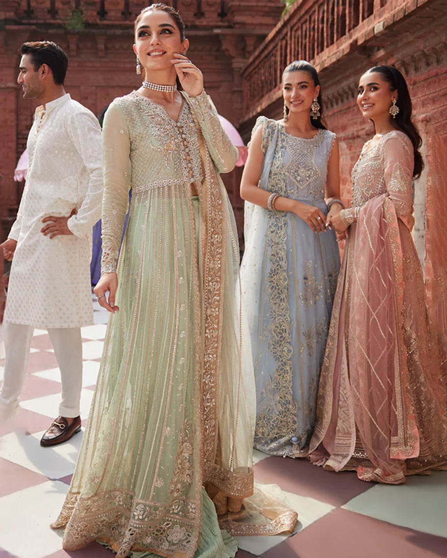 Women Wearing Shahana Mint Green Front Open Shirt with Sharara for Wedding Events - Pakistani Designer Wear for Women in UK | Kifat