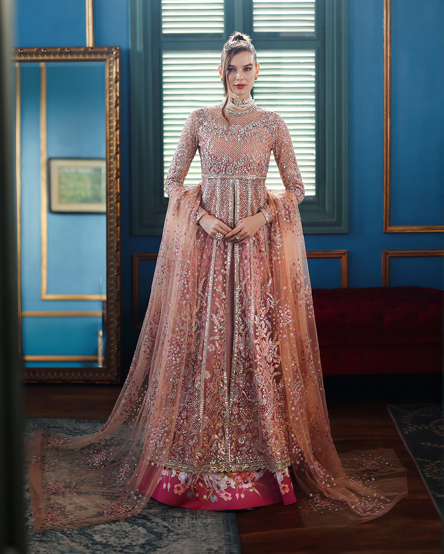 Women Wearing Shayna Peach Front Open Long Shirt with Sharara for Wedding Events - Pakistani Designer Wear for Women in UK | Kifat