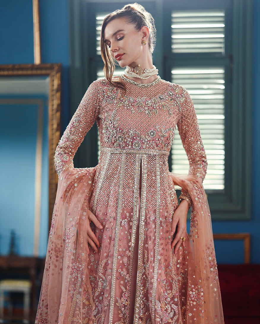 Women Wearing Shayna Peach Front Open Long Shirt with Sharara for Wedding Events - Pakistani Designer Wear for Women in UK | Kifat