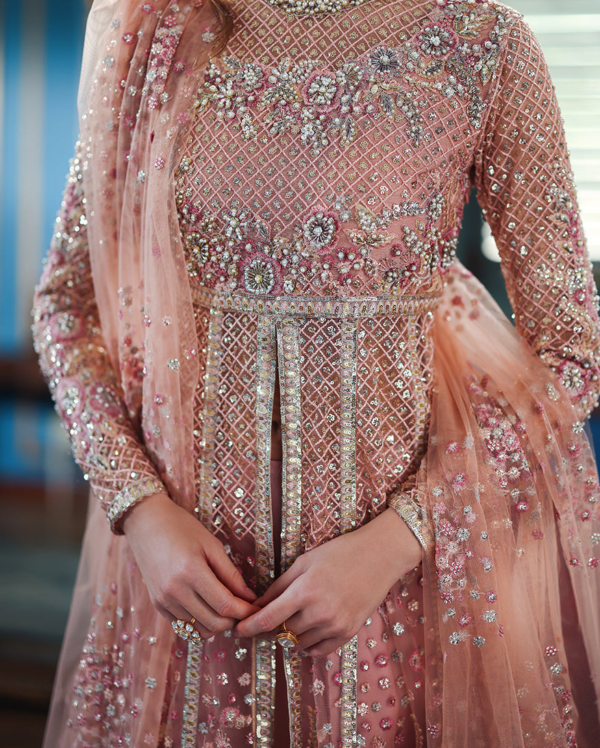 Women Wearing Shayna Peach Front Open Long Shirt with Sharara for Wedding Events - Pakistani Designer Wear for Women in UK | Kifat