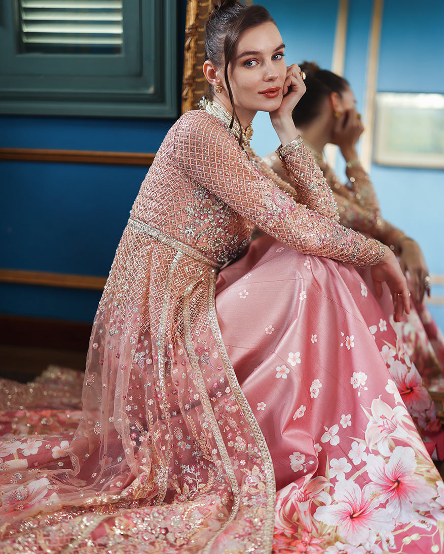 Women Wearing Shayna Peach Front Open Long Shirt with Sharara for Wedding Events - Pakistani Designer Wear for Women in UK | Kifat