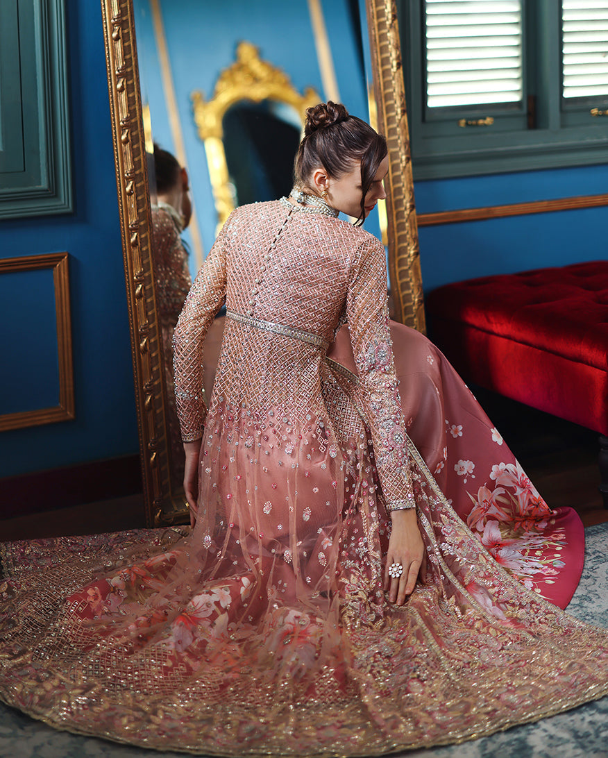 Women Wearing Shayna Peach Front Open Long Shirt with Sharara for Wedding Events - Pakistani Designer Wear for Women in UK | Kifat