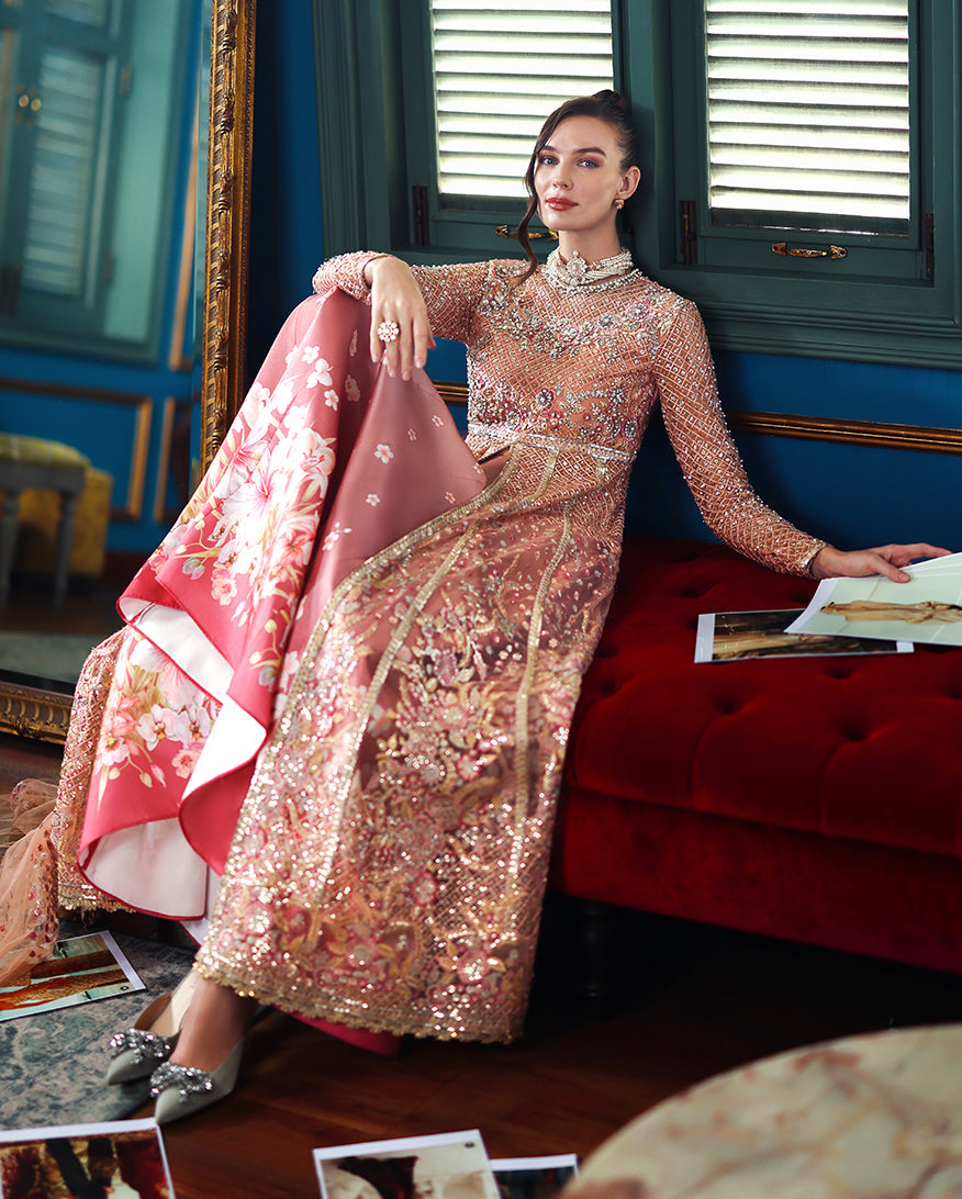 Women Wearing Shayna Peach Front Open Long Shirt with Sharara for Wedding Events - Pakistani Designer Wear for Women in UK | Kifat