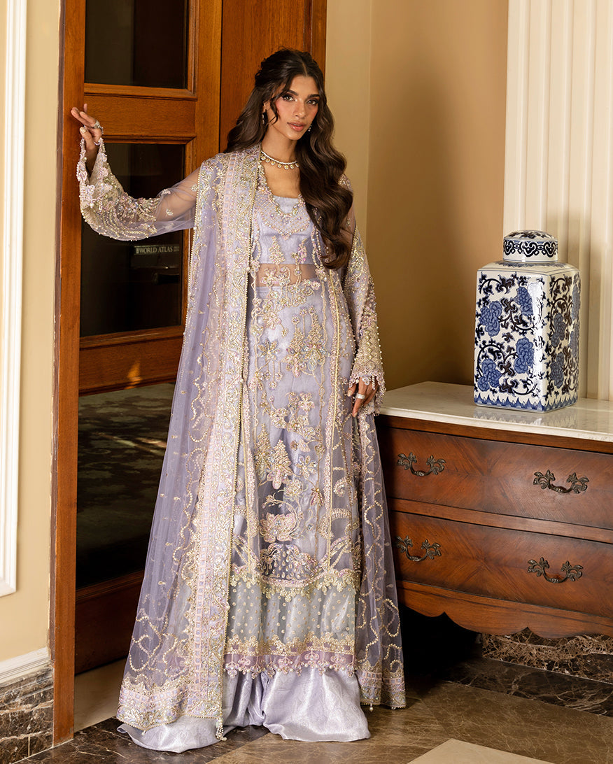 Women Wearing Simran Lilac Long Shirt with Sharara for Wedding Events - Pakistani Designer Wear for Women in UK | Kifat