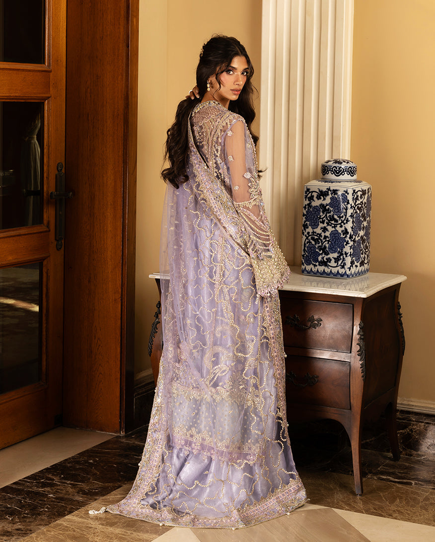 Women Wearing Simran Lilac Long Shirt with Sharara for Wedding Events - Pakistani Designer Wear for Women in UK | Kifat