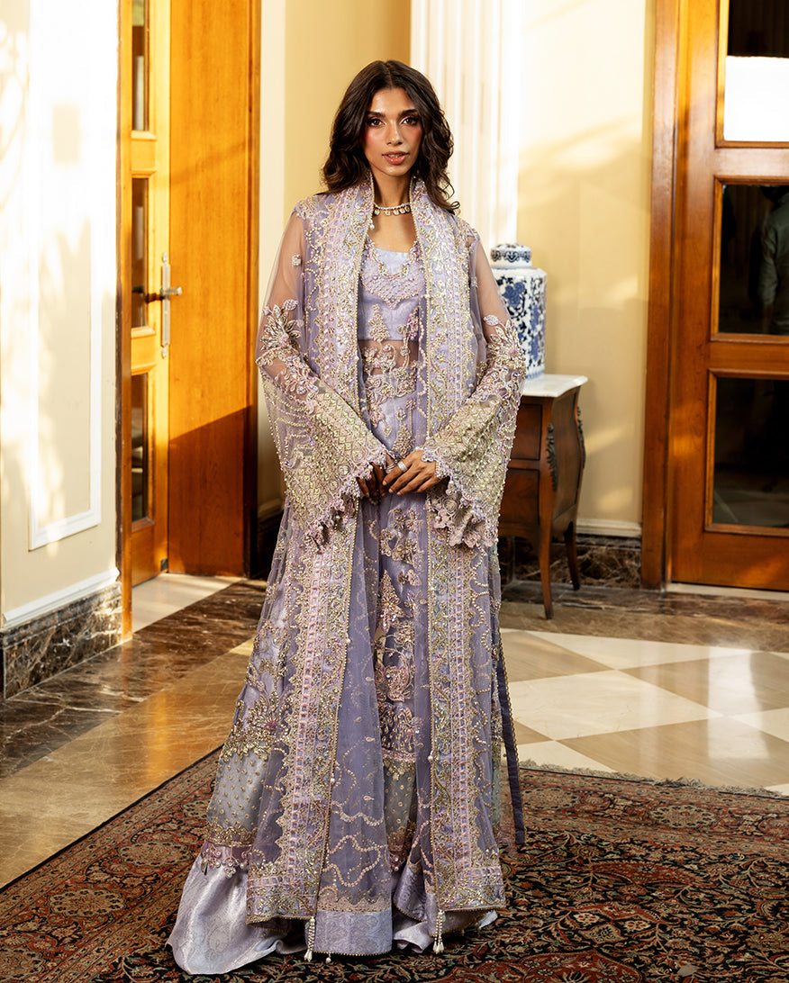Women Wearing Simran Lilac Long Shirt with Sharara for Wedding Events - Pakistani Designer Wear for Women in UK | Kifat