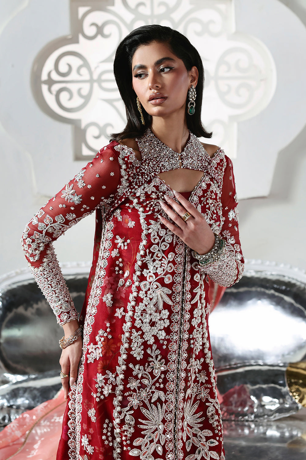 Soraya Solara Crimson Red Long Gown for Wedding Wear, Formal Events - Pakistani Designer Wear for Women in UK | Kifat
