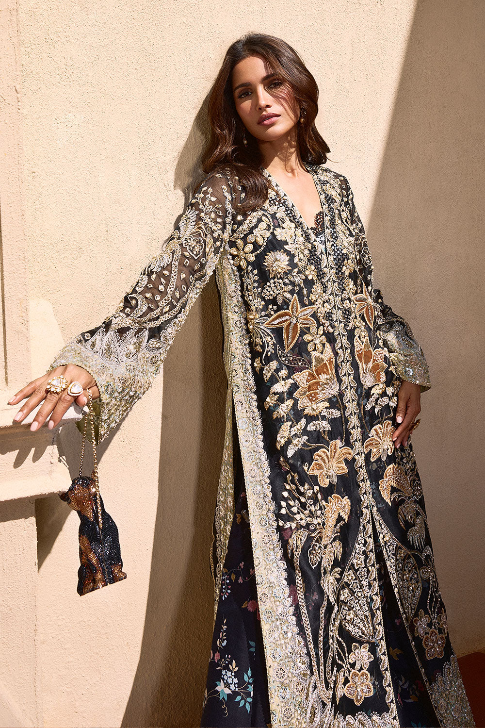Soraya STELLA Black Long Open Shirt for Wedding Wear, Guest of Wedding Wear - Pakistani Designer Wear for Women in UK | Kifat
