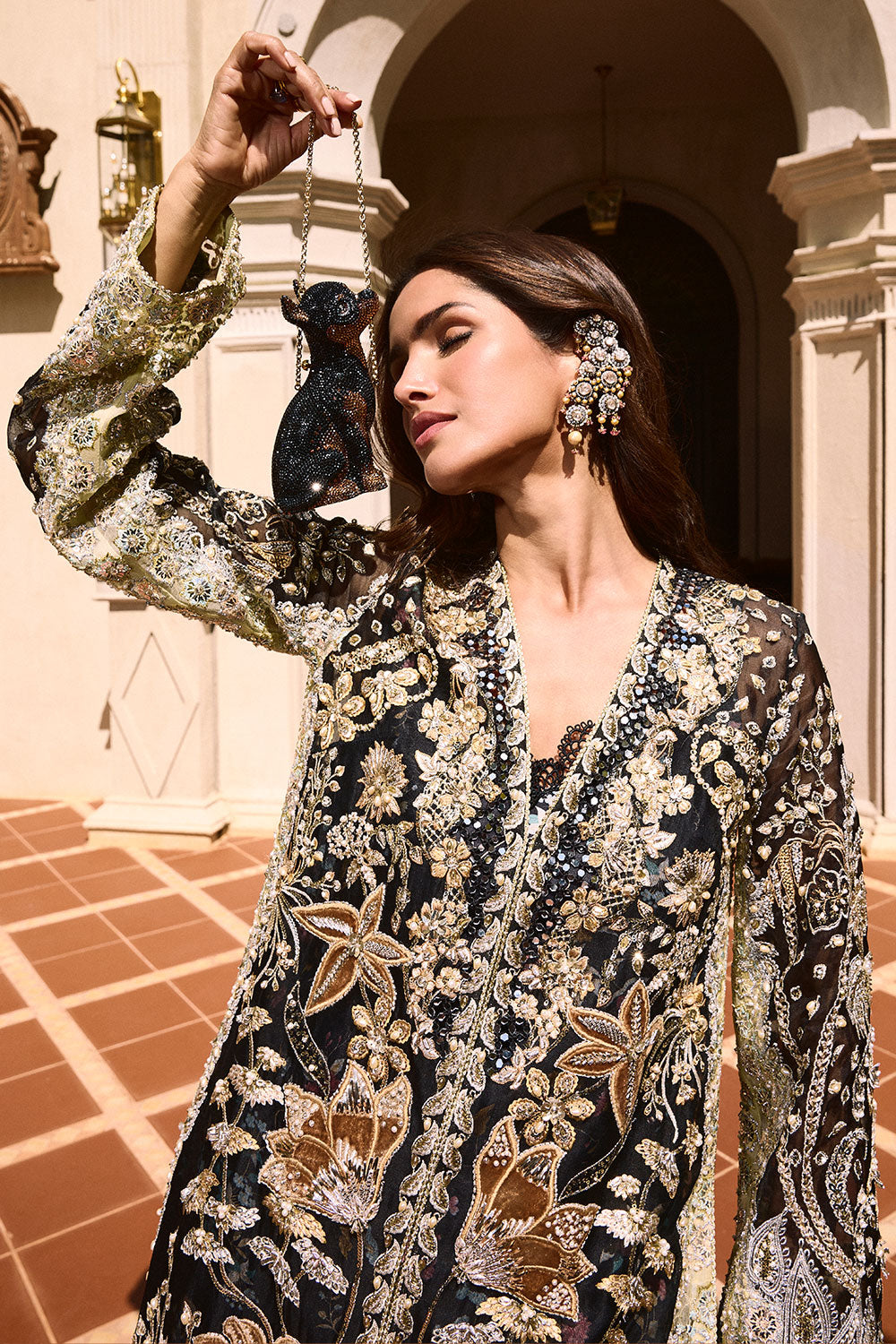 Soraya STELLA Black Long Open Shirt for Wedding Wear, Guest of Wedding Wear - Pakistani Designer Wear for Women in UK | Kifat