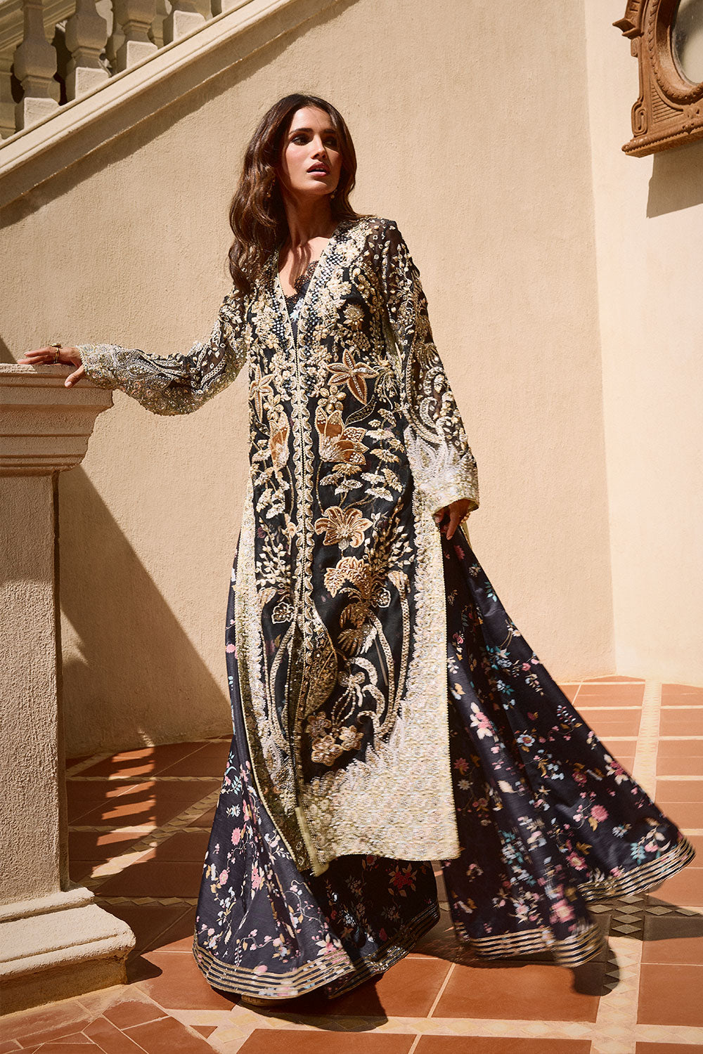 Soraya STELLA Black Long Open Shirt for Wedding Wear, Guest of Wedding Wear - Pakistani Designer Wear for Women in UK | Kifat