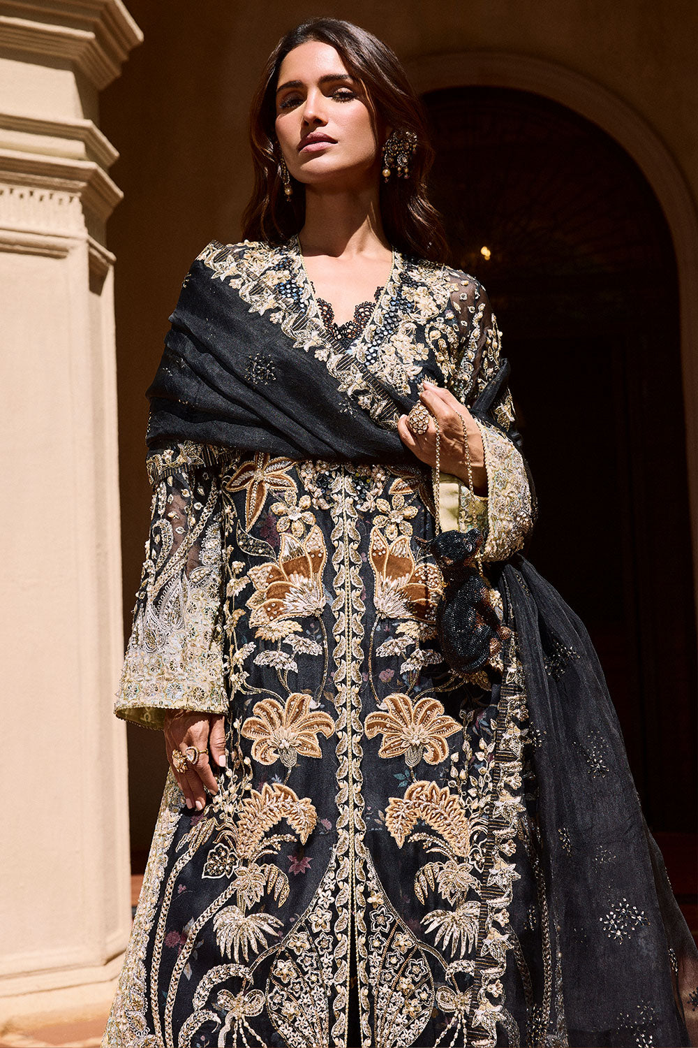 Soraya STELLA Black Long Open Shirt for Wedding Wear, Guest of Wedding Wear - Pakistani Designer Wear for Women in UK | Kifat