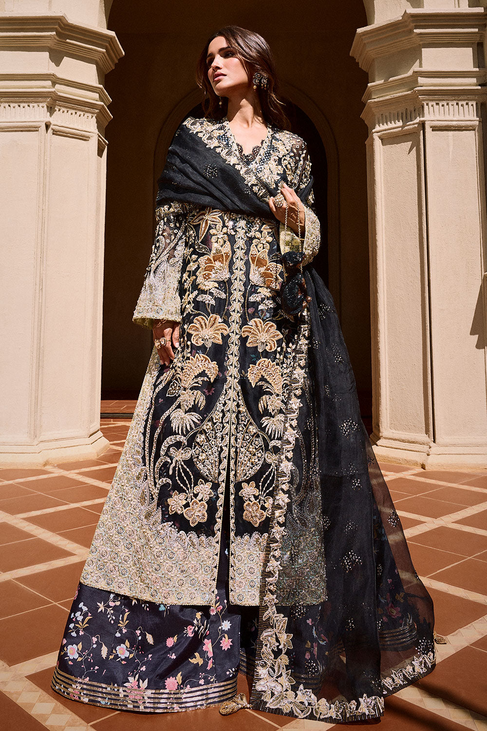 Soraya STELLA Black Long Open Shirt for Wedding Wear, Guest of Wedding Wear - Pakistani Designer Wear for Women in UK | Kifat