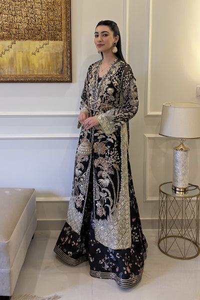 Soraya STELLA Black Long Open Shirt for Wedding Wear, Guest of Wedding Wear - Pakistani Designer Wear for Women in UK | Kifat