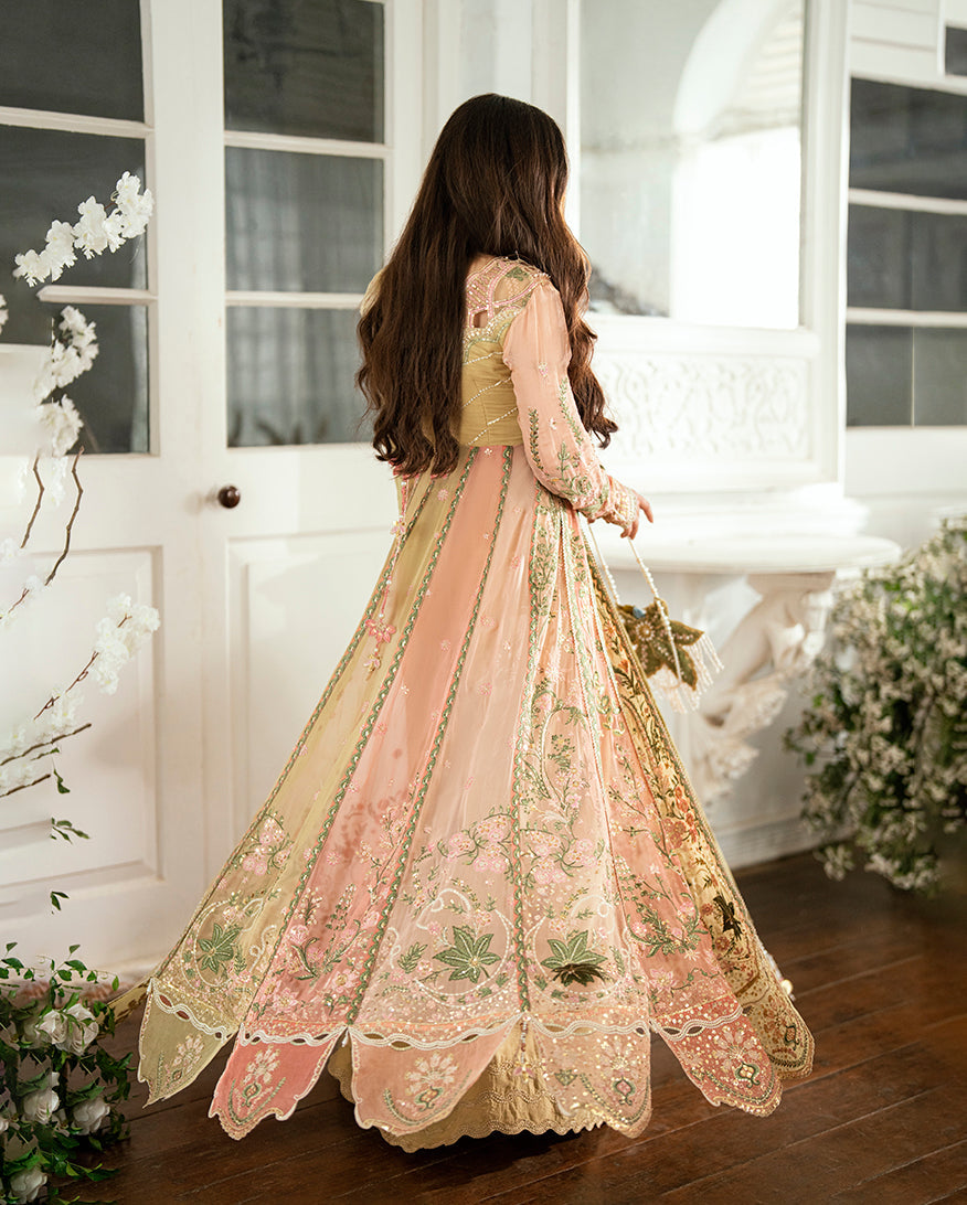 Women Wearing Sur Sunehri Lime yellow Front Open Long Shirt for Festive Events - Pakistani Designer Wear for Women in UK | Kifat