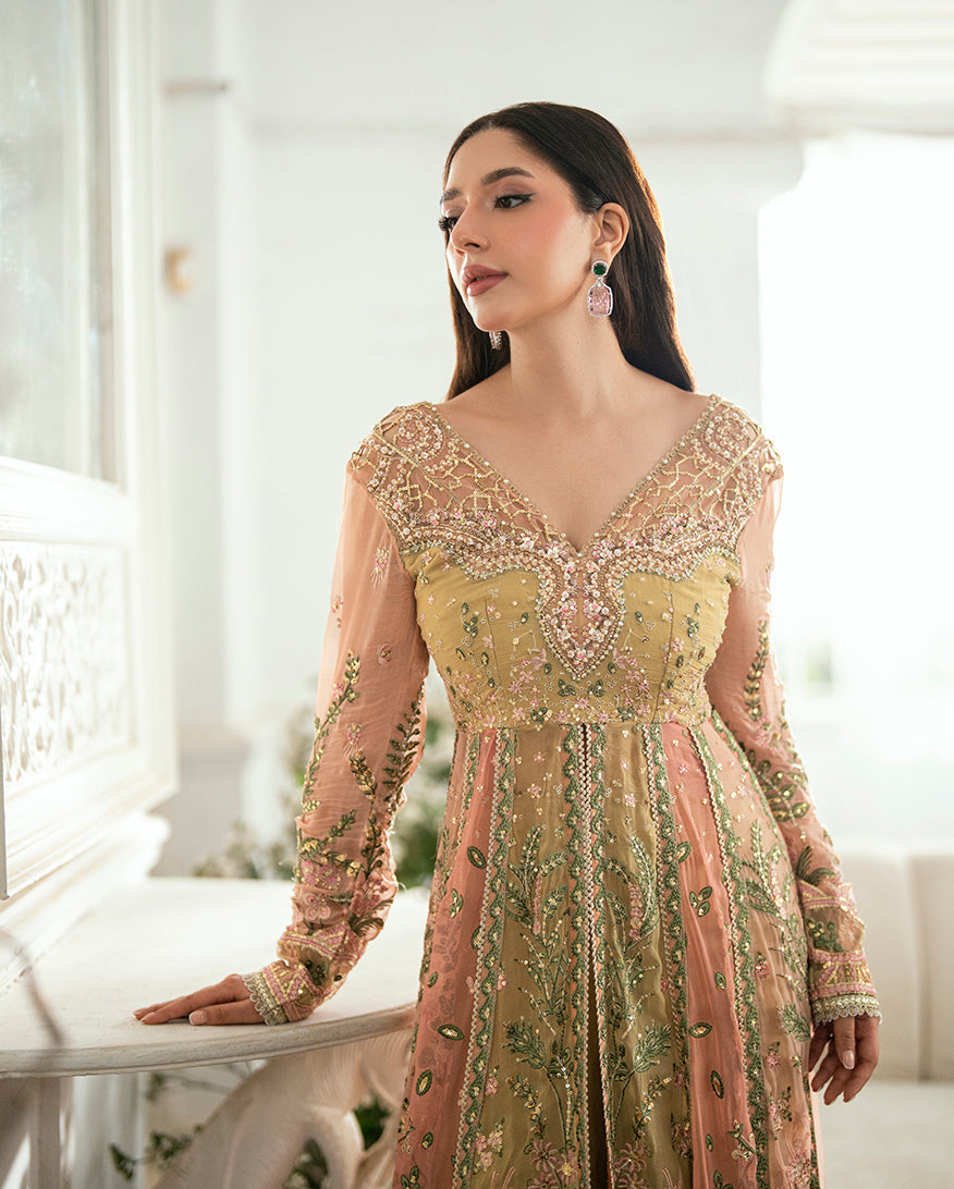 Women Wearing Sur Sunehri Lime yellow Front Open Long Shirt for Festive Events - Pakistani Designer Wear for Women in UK | Kifat