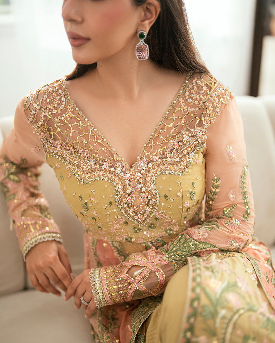 Women Wearing Sur Sunehri Lime yellow Front Open Long Shirt for Festive Events - Pakistani Designer Wear for Women in UK | Kifat