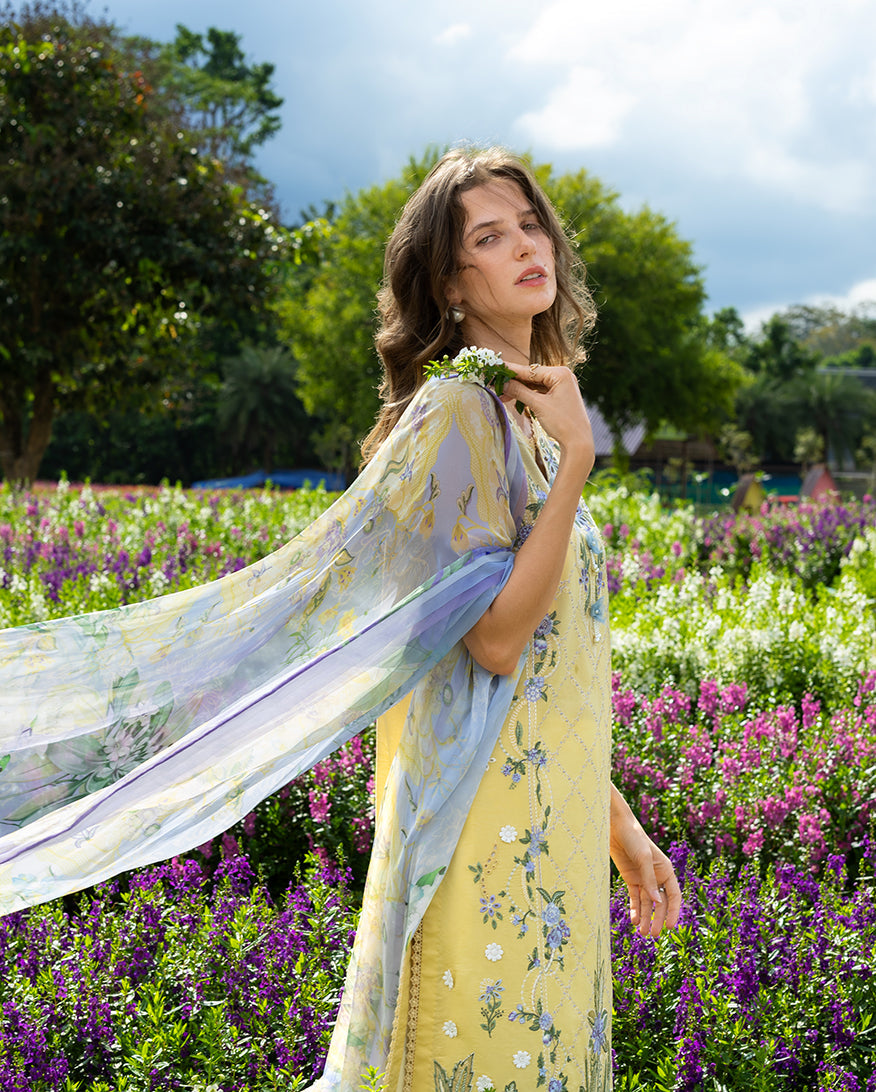 Women Wearing Sunlit Meadow Yellow Long Shirt for Festive Events - Pakistani Designer Wear for Women in UK | Kifat