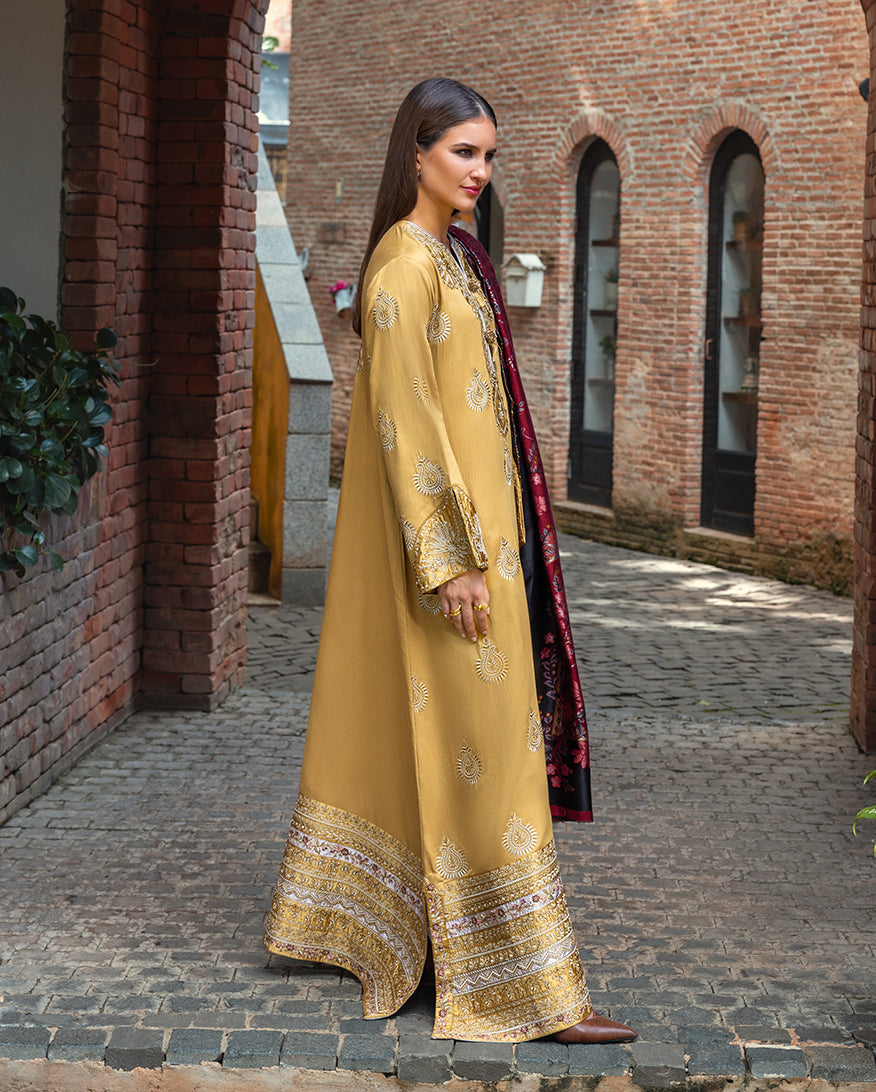 Women Wearing Sunlit Siena Gold Yellow Long Shirt for Casual Events - Pakistani Designer Wear for Women in UK | Kifat
