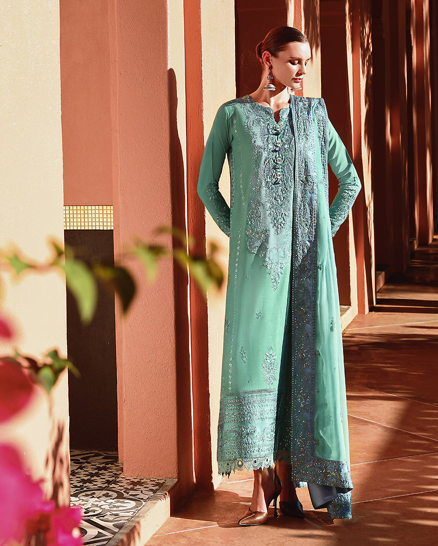 Women Wearing Sybil Aqua Long Shirt for Festive Events - Pakistani Designer Wear for Women in UK | Kifat
