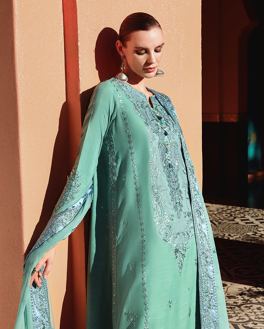 Women Wearing Sybil Aqua Long Shirt for Festive Events - Pakistani Designer Wear for Women in UK | Kifat