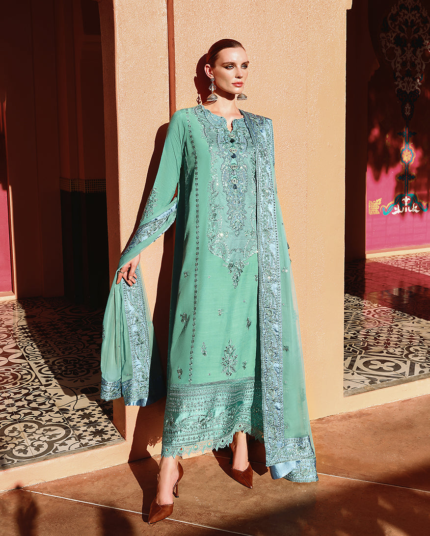 Women Wearing Sybil Aqua Long Shirt for Festive Events - Pakistani Designer Wear for Women in UK | Kifat