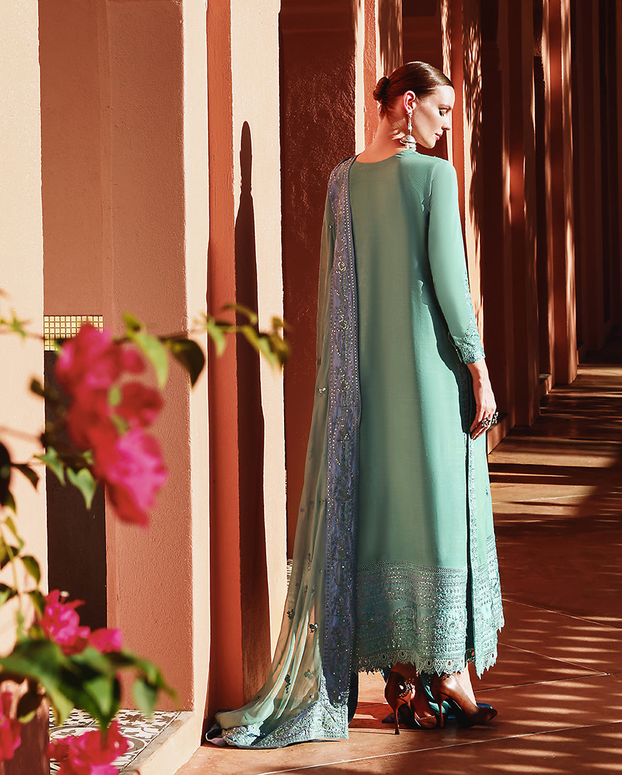 Women Wearing Sybil Aqua Long Shirt for Festive Events - Pakistani Designer Wear for Women in UK | Kifat