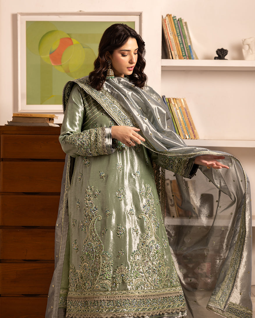 Women Wearing Tabeer Green Long Shirt for Events - Pakistani Designer Wear for Women in UK | Kifat