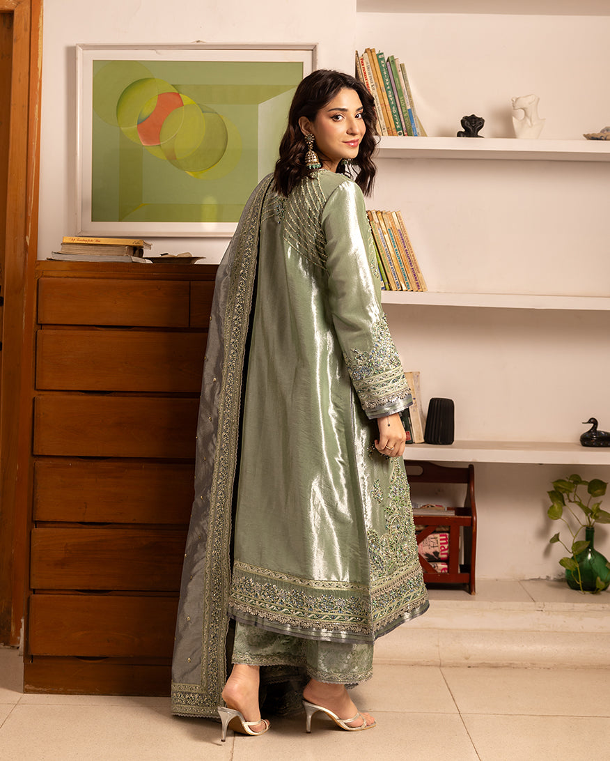 Women Wearing Tabeer Green Long Shirt for Events - Pakistani Designer Wear for Women in UK | Kifat