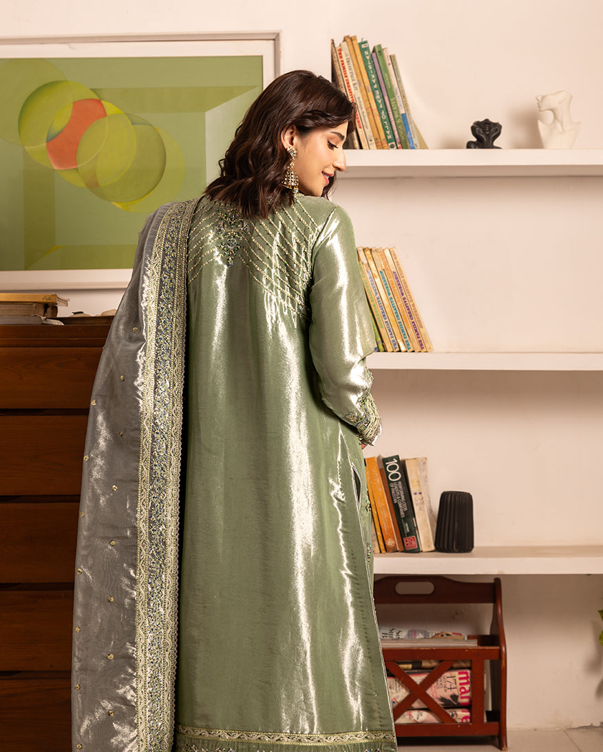 Women Wearing Tabeer Green Long Shirt for Events - Pakistani Designer Wear for Women in UK | Kifat