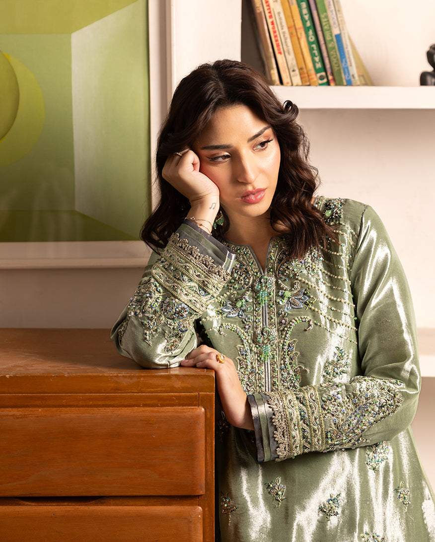 Women Wearing Tabeer Green Long Shirt for Events - Pakistani Designer Wear for Women in UK | Kifat
