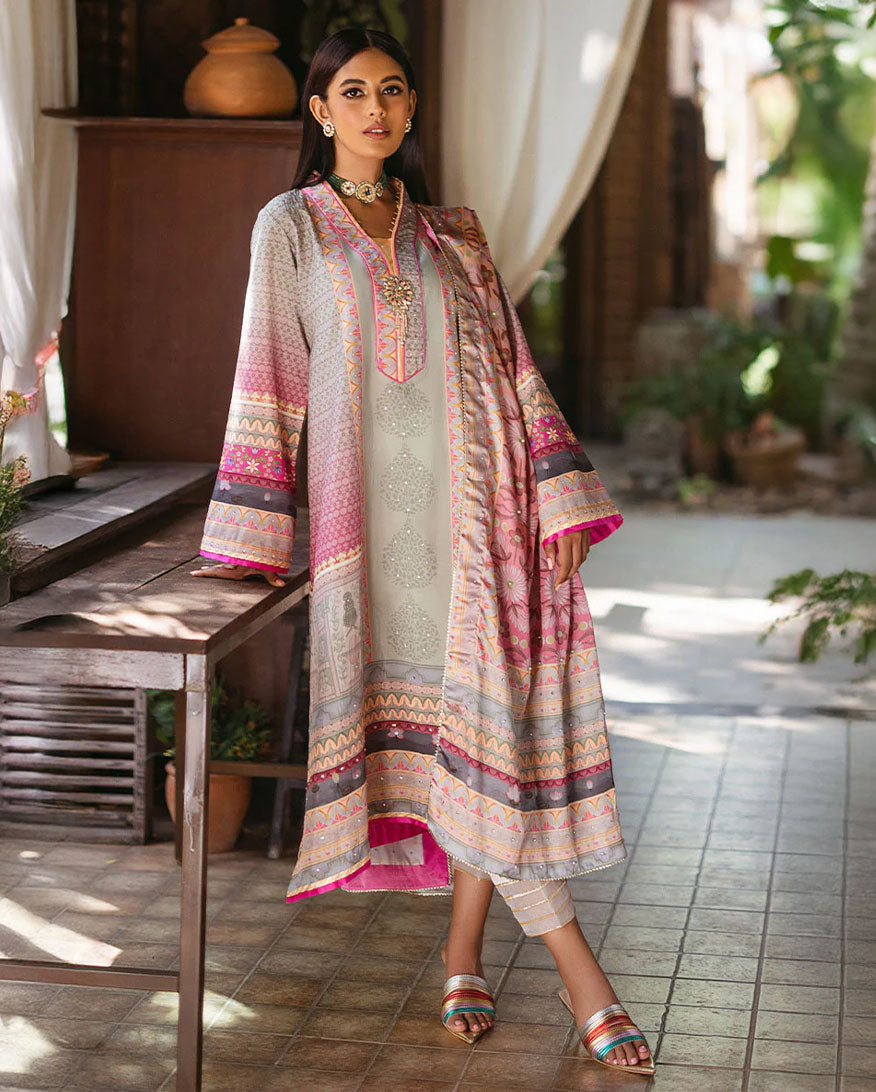 Women Wearing Taffy Light Grey And Pink Long Shirt for Festive Events - Pakistani Designer Wear for Women in UK | Kifat