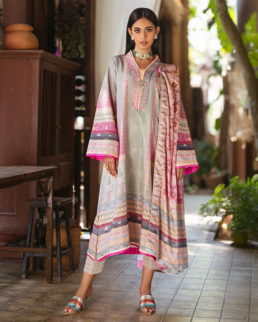 Women Wearing Taffy Light Grey And Pink Long Shirt for Festive Events - Pakistani Designer Wear for Women in UK | Kifat