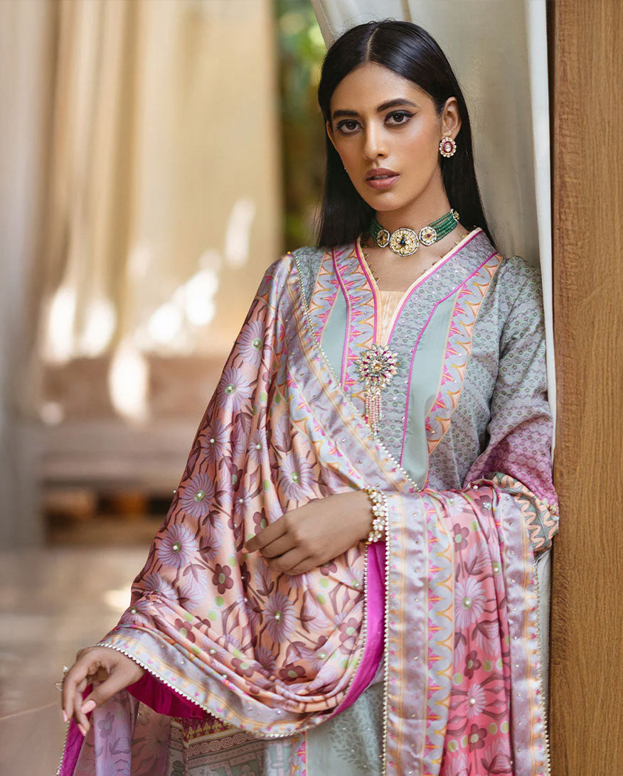 Women Wearing Taffy Light Grey And Pink Long Shirt for Festive Events - Pakistani Designer Wear for Women in UK | Kifat