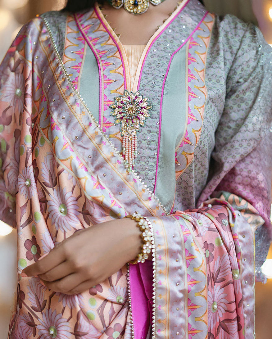 Women Wearing Taffy Light Grey And Pink Long Shirt for Festive Events - Pakistani Designer Wear for Women in UK | Kifat