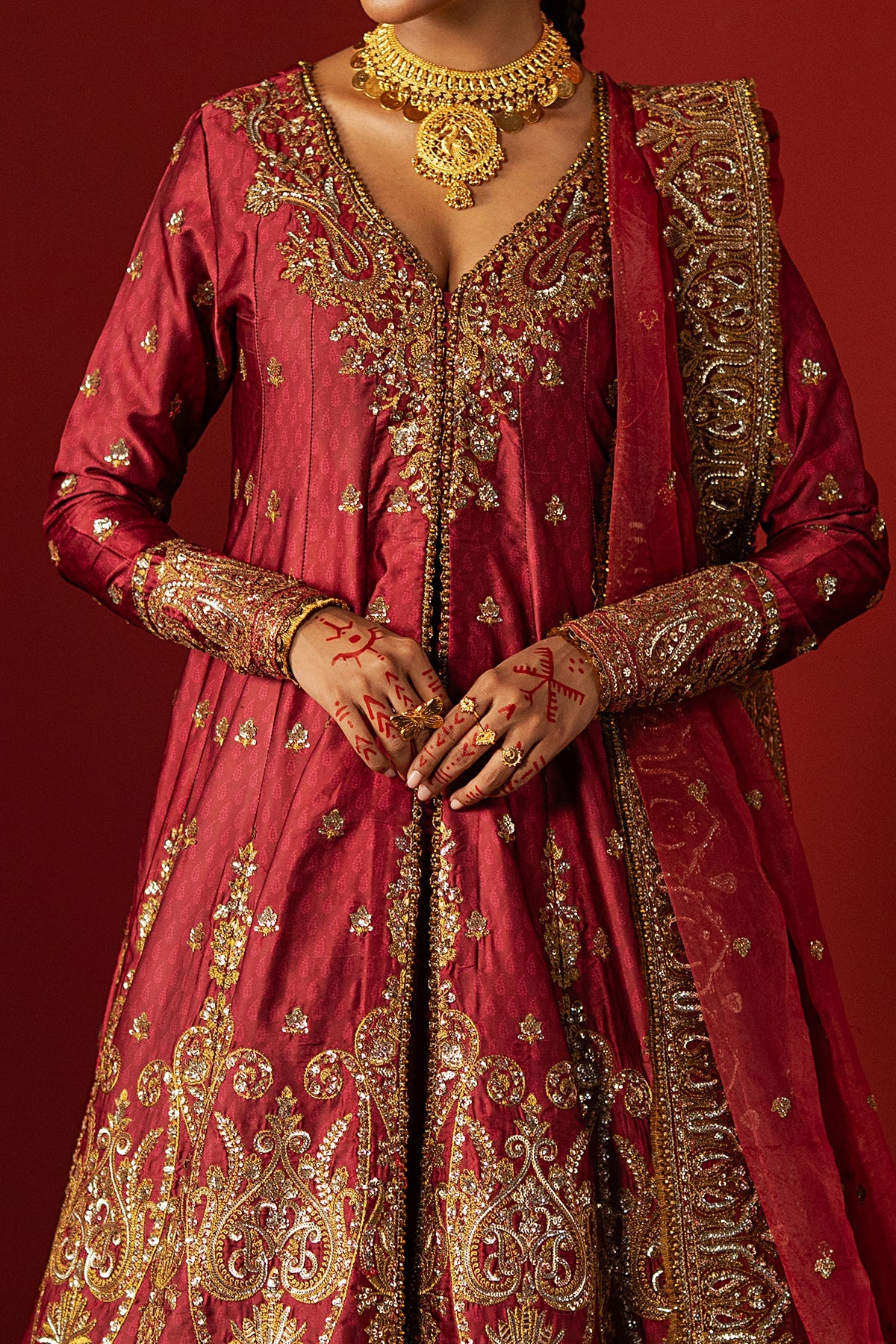 Women Wearing Bahaar Red Front Open Shirt  For Festive Events - Pakistani Designer Wear For Women In Uk | Kifat