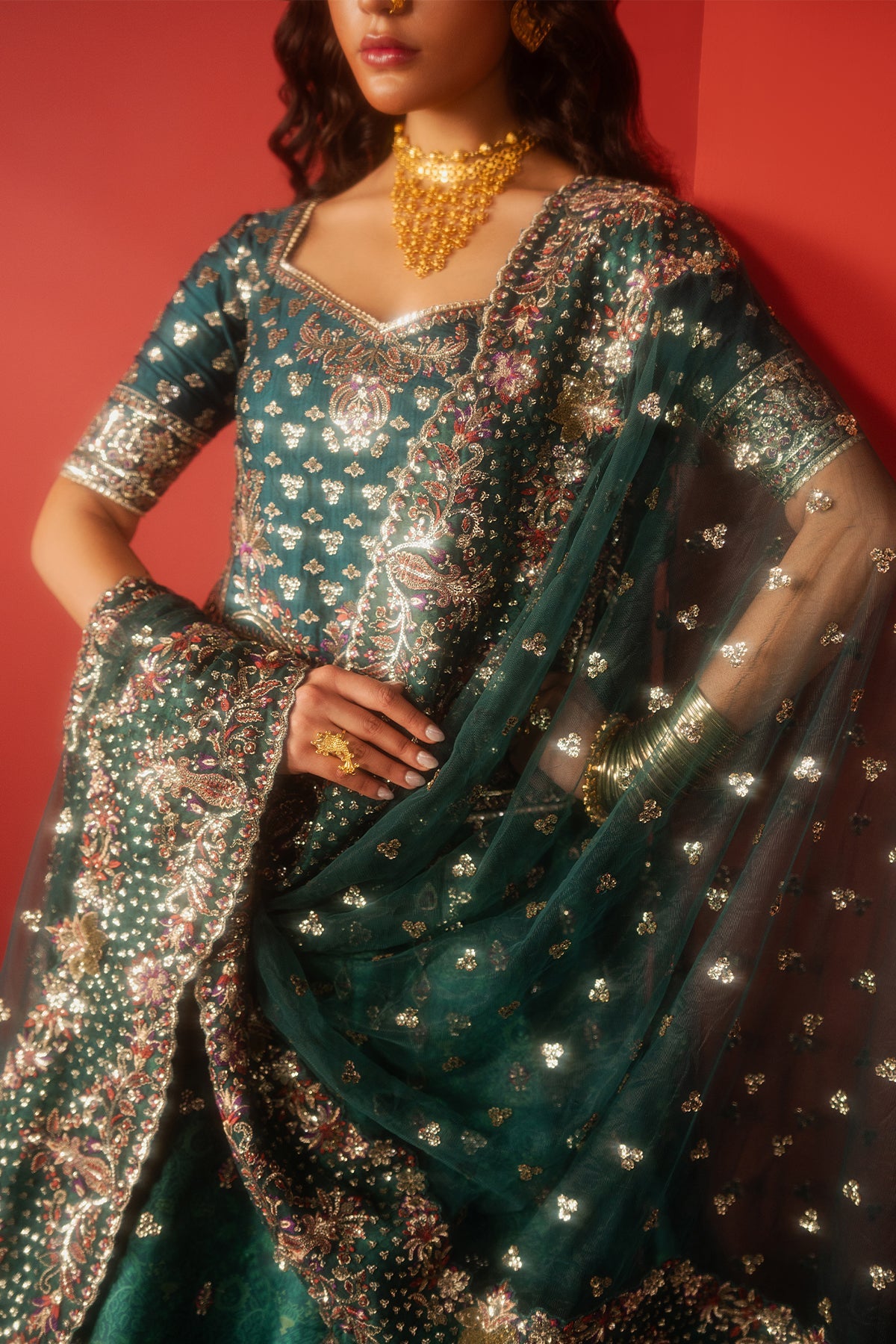 Women Wearing Afsar Green Lehnga Choli  For Festive Events - Pakistani Designer Wear For Women In Uk | Kifat
