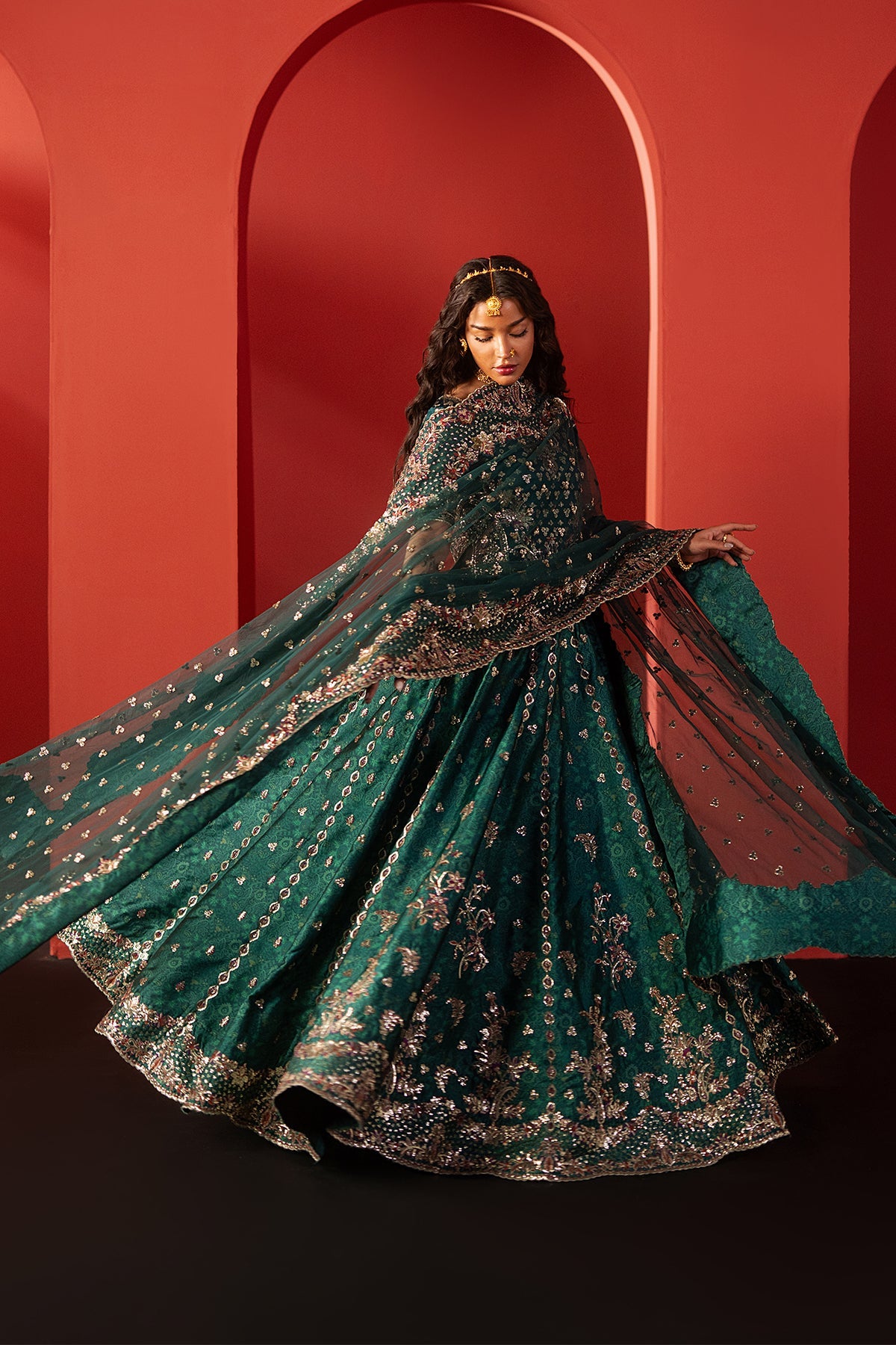 Women Wearing Afsar Green Lehnga Choli  For Festive Events - Pakistani Designer Wear For Women In Uk | Kifat