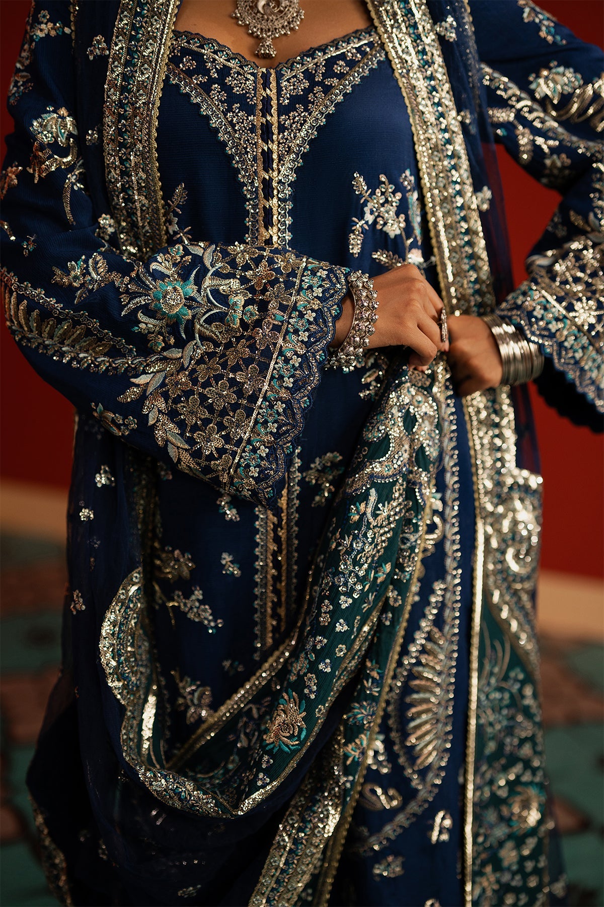 Women Wearing Mahreen Navy Front Open Shirt  For Festive Events - Pakistani Designer Wear For Women In Uk | Kifat